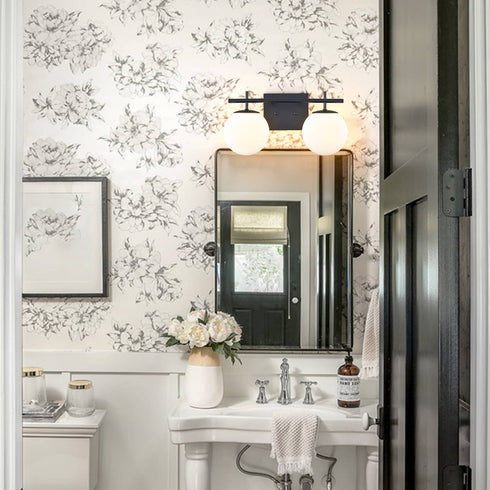 Modern Black Two Globe Vanity Light Milky Glass